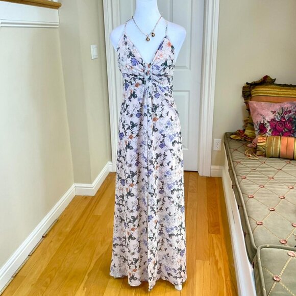 Romeo & Juliet Dress Maxi Floral Strappy Pink Purple Open Back Front Slit (M) - Picture 1 of 7
